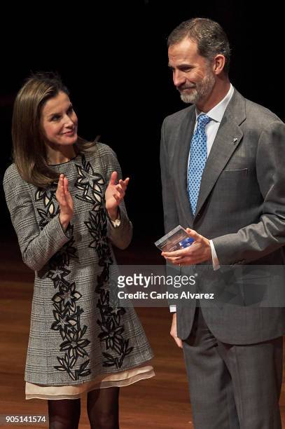 King Felipe of Spain receives the 'Premio en Defensa de los Derechos Humanos Adolfo Suarez' during the Terrorism Victims Foundation Awards at Reina...