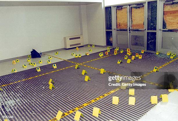 View of damage to the west entryway to Columbine High School where teen-age gunmen Eric Harris and Dylan Klebold entered the school April 20, 1999 in...