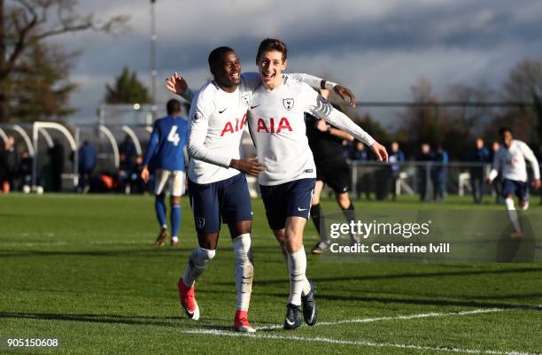 Jack Roles of Tottenham Hotspur celebrates after he scores his sides first goal with Shilow Tracey during the Premier League 2 match between...