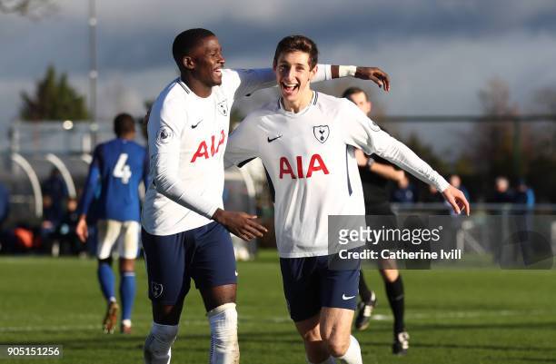 Jack Roles of Tottenham Hotspur celebrates after he scores his sides first goal with Shilow Tracey during the Premier League 2 match between...