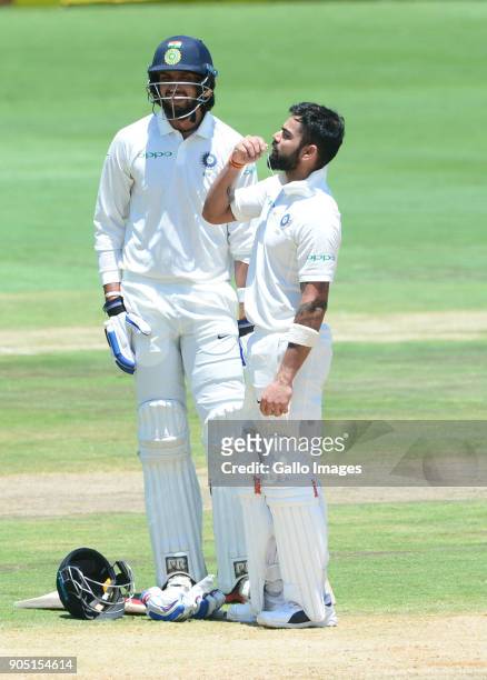 Virat Kohli of India celebrates 150 runs during day 3 of the 2nd Sunfoil Test match between South Africa and India at SuperSport Park on January 15,...