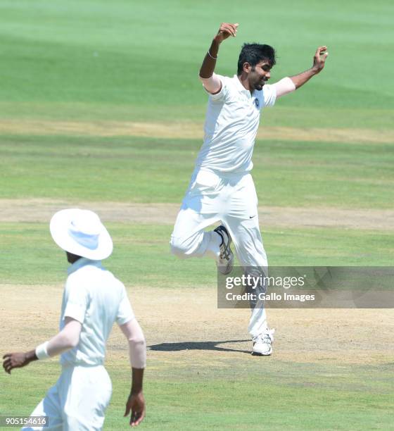 Jasprit Bumrah of India celebrates the wicket of Hashim Amla of the Proteas during day 3 of the 2nd Sunfoil Test match between South Africa and India...