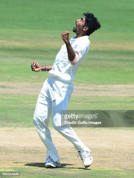 Jasprit Bumrah of India celebrates the wicket of Hashim Amla of the Proteas during day 3 of the 2nd Sunfoil Test match between South Africa and India...