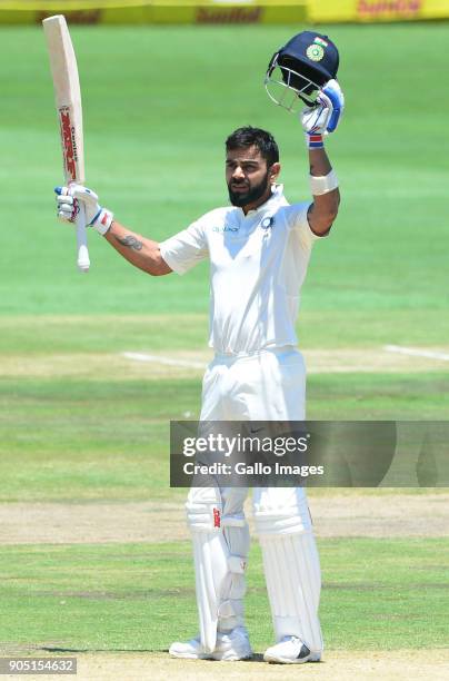 Virat Kohli of India celebrates 150 runs during day 3 of the 2nd Sunfoil Test match between South Africa and India at SuperSport Park on January 15,...