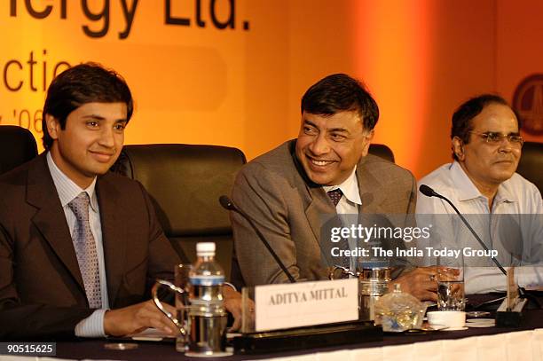 Mittal Chairman and CEO Mittal Steel and Director of ONGC Mittal Energy Ltd with his son, Aditya Mittal , MS Srinivasan Secretary, Ministry of...
