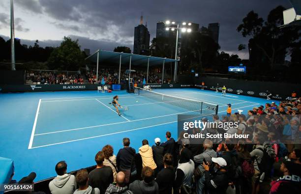General view as Dustin Brown of Germany plays a backhand in his first round match against Joao Sousa of Portugal on day one of the 2018 Australian...