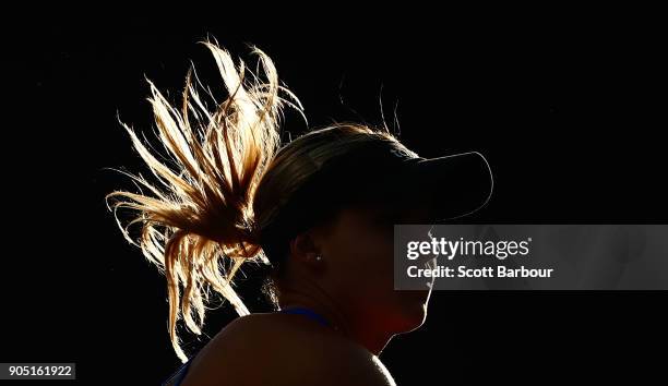 Detail of the hair of Jana Fett of Croatia as she serves in her first round match against Misa Eguchi of Japan of Croatia on day one of the 2018...