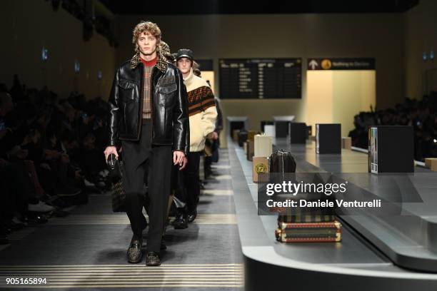 Model walks the runway at the Fendi show during Milan Men's Fashion Week Fall/Winter 2018/19 on January 15, 2018 in Milan, Italy.