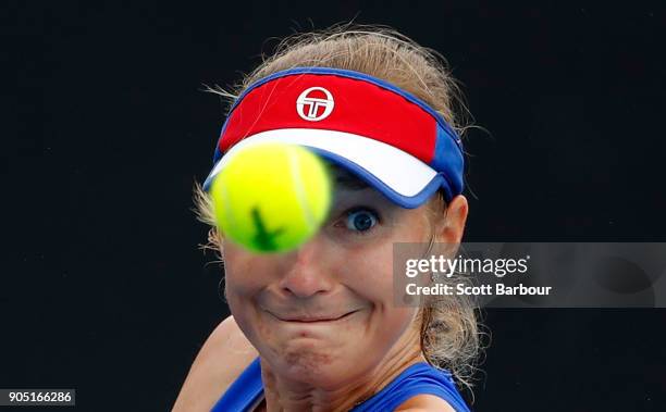 Ekaterina Makarova of Russia watches the ball in her first round match against Irina-Camelia Begu of Romania on day one of the 2018 Australian Open...