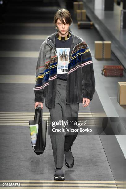 Model walks the runway at the Fendi show during Milan Men's Fashion Week Fall/Winter 2018/19 on January 15, 2018 in Milan, Italy.