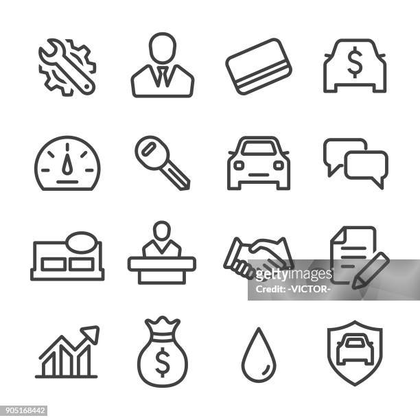 stockillustraties, clipart, cartoons en iconen met auto dealer icons set - line serie - auto kopen