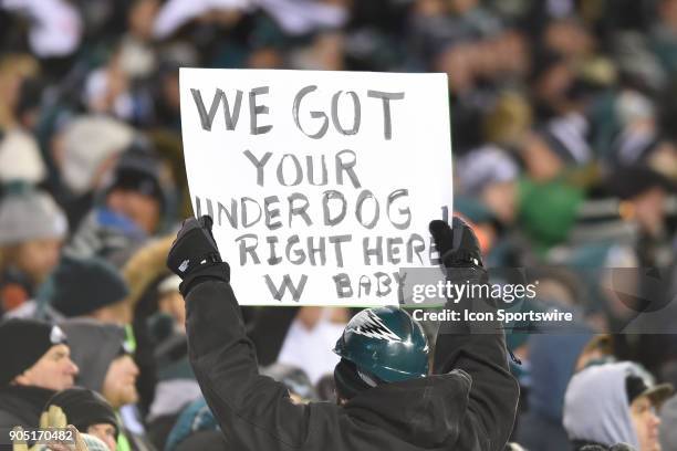 Philadelphia Eagles fan holds a sign during the NFC Divisional Playoff game between the Philadelphia Eagles and the Atlanta Falcons on January 13,...