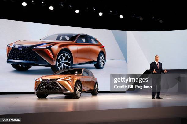 Jeffrey Bracken, Group Vice President U.S. Lexus Division, introduces the new Lexus LF-1 Limitless concept vehicle at its debut at the 2018 North...