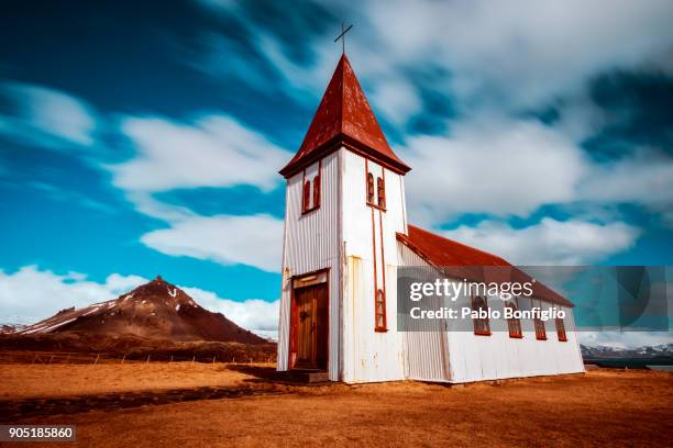 hellnar church in snaefellsnes peninsula, iceland - hellnar stock pictures, royalty-free photos & images