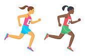 The running school girls. Flat vector illustration.
