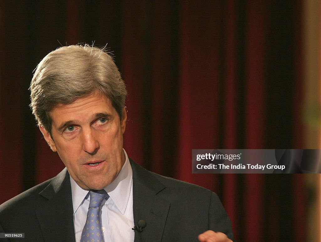Senator John F Kerry of Massachusetts on the sets of Headlines Today in New Delhi, India on Thursday, January, 12, 2005. Photo by Hemant Chawla
