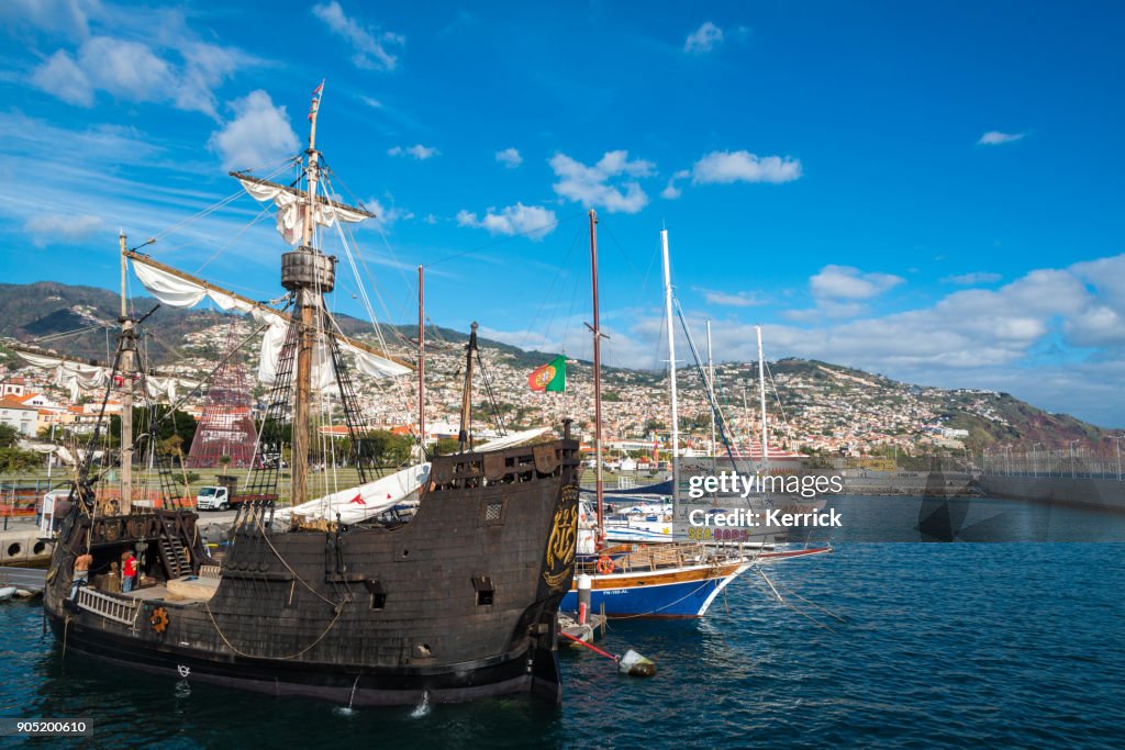 Historic Santa Maria replica ship for tourist tours in harbor of Madeira Portugal