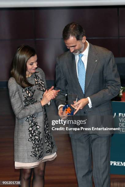 King Felipe of Spain, accompanied by Queen Letizia of Spain, receives Terrorism Victims Foundation Award at Reina Sofia Museum on January 15, 2018 in...