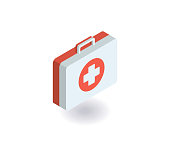 First-aid kit, medicine chest icon. Vector illustration in flat isometric 3D style.