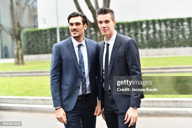 Giuseppe Vicino and Matteo Lodo arrive at the Giorgio Armani show during Milan Men's Fashion Week Fall/Winter 2018/19 on January 15, 2018 in Milan,...