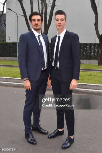 Giuseppe Vicino and Matteo Lodo arrive at the Giorgio Armani show during Milan Men's Fashion Week Fall/Winter 2018/19 on January 15, 2018 in Milan,...