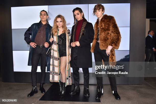 Ethan Torchio, Victoria De Angelis, Damiano David and Thomas Raggi of Maneskin band attend the Fendi show during Milan Men's Fashion Week Fall/Winter...