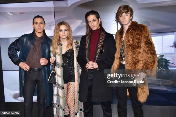 Ethan Torchio, Victoria De Angelis, Damiano David and Thomas Raggi of Maneskin band attend the Fendi show during Milan Men's Fashion Week Fall/Winter...