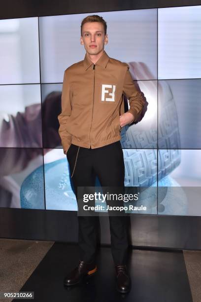 Jamie Campbell Bower attends the Fendi show during Milan Men's Fashion Week Fall/Winter 2018/19 on January 15, 2018 in Milan, Italy.