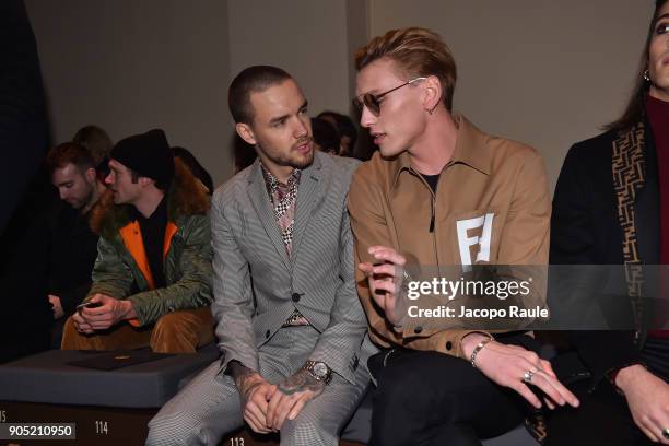 Liam Payne and Jamie Campbell Bower attend the Fendi show during Milan Men's Fashion Week Fall/Winter 2018/19 on January 15, 2018 in Milan, Italy.