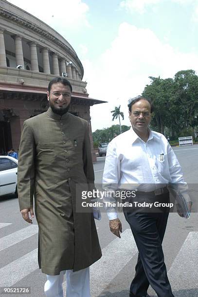 Asaduddin Owaisi, AIMIM party MP from Hyderabad with Abu Asim Azmi, Rajya Sabha MP at Parliament house in New Delhi, India