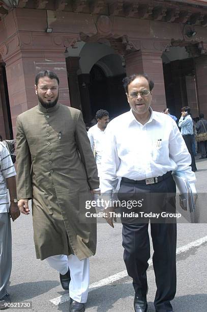 Asaduddin Owaisi, AIMIM party MP from Hyderabad with Abu Asim Azmi, Rajya Sabha MP at Parliament house in New Delhi, India
