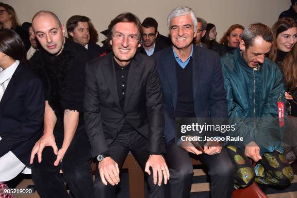 Nico Vascellari, Pietro Beccari and guest attends the Fendi show during Milan Men's Fashion Week Fall/Winter 2018/19 on January 15, 2018 in Milan,...