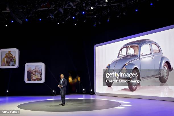 Herbert Diess, head of the Volkswagen AG brand, speaks during the 2018 North American International Auto Show in Detroit, Michigan, U.S., on Monday,...