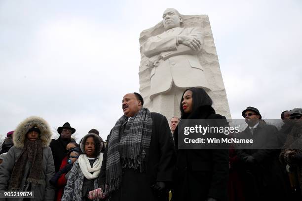 Martin Luther King III speaks in front of the Martin Luther King Jr. Memorial on Martin Luther King Day January 15, 2018 in Washington DC. Martin...