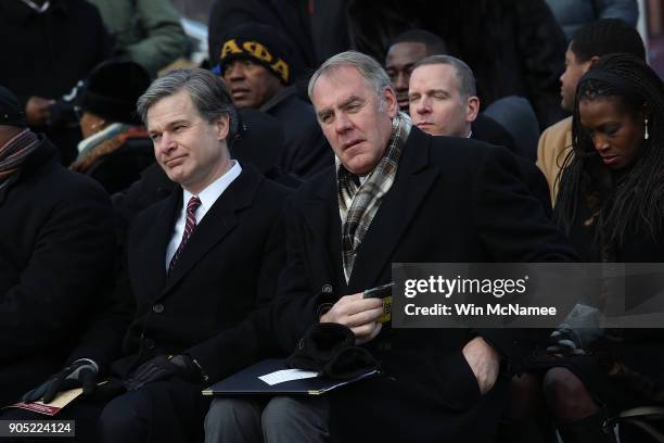 Interior Secretary Ryan Zinke and FBI Director Christopher Wray take part in a ceremony at the Martin Luther King Jr. Memorial on Martin Luther King...