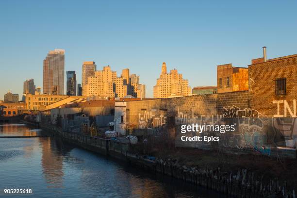 View of the Gowanus canal and the buildings of the downtown Brooklyn skyline, the Gowanus and Red Hook areas of Brooklyn are undergoing significant...