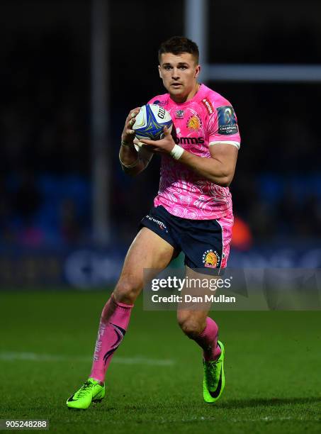 Henry Slade of Exeter Chiefs makes a break during the European Rugby Champions Cup match between Exeter Chiefs and Montpellier at Sandy Park on...