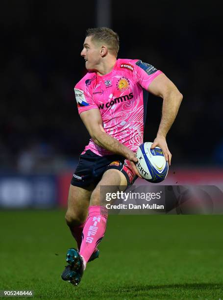 Gareth Steenson of Exeter Chiefs looks for a pass during the European Rugby Champions Cup match between Exeter Chiefs and Montpellier at Sandy Park...