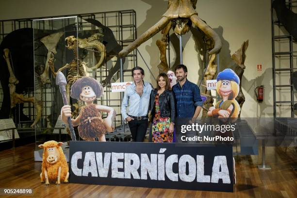 Mario Vaquerizo, Chenoa and Hugo Silva attend 'Cavernicola' photocall at Ciencias Naturales National Museum on January 15, 2018 in Madrid, Spain.