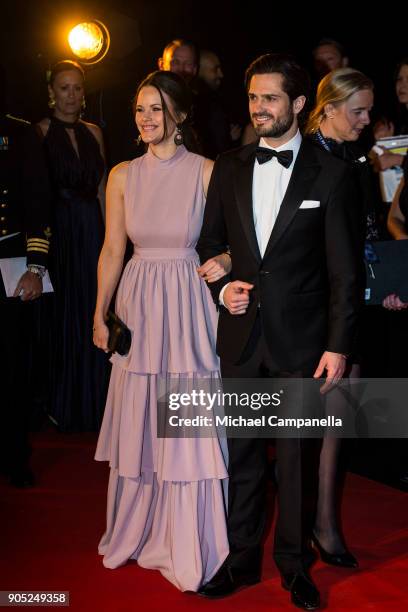 Prince Carl Philip the Duke of Varmland and Princess Sofia of Sweden the Duchess of Varmland walk the red carpet when arriving at Idrottsgalan, the...