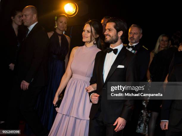 Prince Carl Philip the Duke of Varmland and Princess Sofia of Sweden the Duchess of Varmland walk the red carpet when arriving at Idrottsgalan, the...