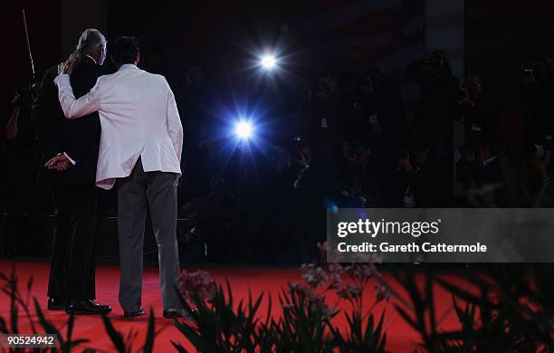 Actor Stefano DiMatteo with director George A. Romero attends the "Survival Of The Dead" premiere at the Sala Grande during the 66th Venice Film...