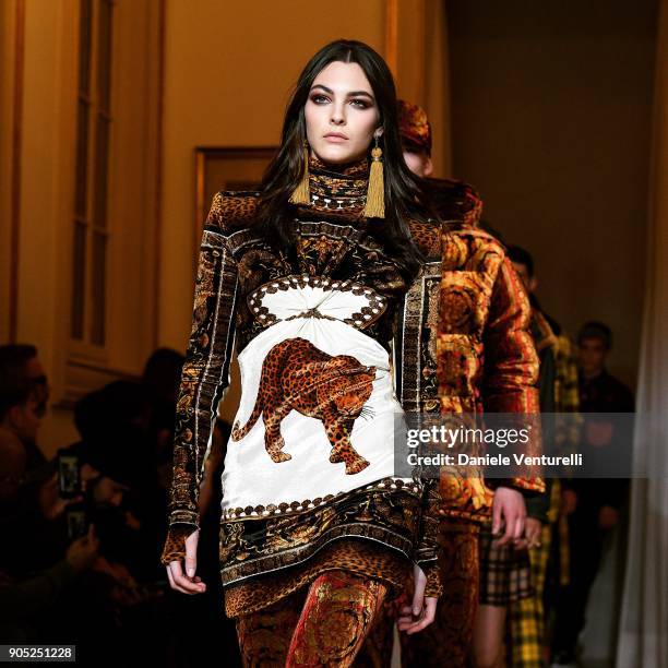 Vittoria Ceretti walks the runway at the Versace show during Milan Men's Fashion Week Fall/Winter 2018/19 on January 13, 2018 in Milan, Italy.