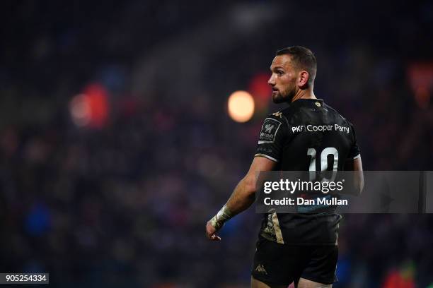 Aaron Cruden of Montpellier looks on during the European Rugby Champions Cup match between Exeter Chiefs and Montpellier at Sandy Park on January 13,...