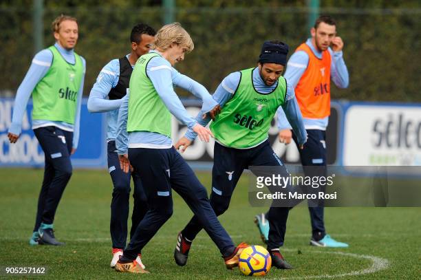 Felipe Anderson and Dusan Basta of SS Lazio during a SS Lazio training session on January 15, 2018 in Rome, Italy.