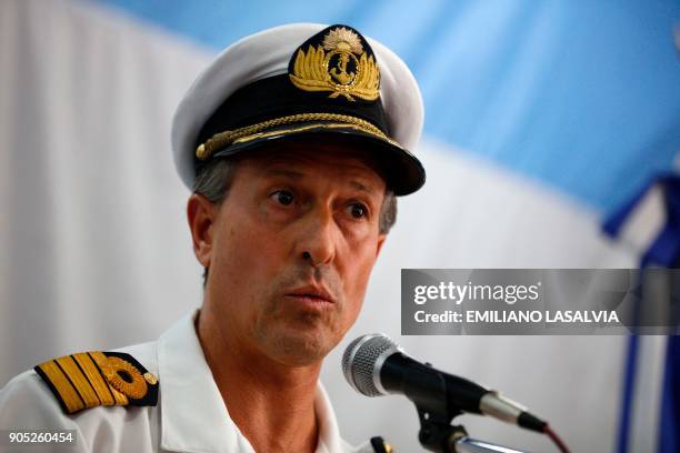 Argentine Navy spokesman Captain Enrique Balbi delivers a press conference marking two months of the disappearance of the ARA San Juan submarine with...