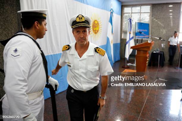 Argentine Navy spokesman Captain Enrique Balbi , is pictured during a press conference marking two months of the disappearance of the ARA San Juan...