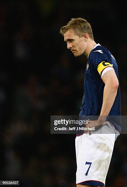 Darren Fletcher of Scotland reacts at the end of the FIFA 2010 World Cup Group 9 Qualifier match beteween Scotland and Netherlands at Hampden Park on...