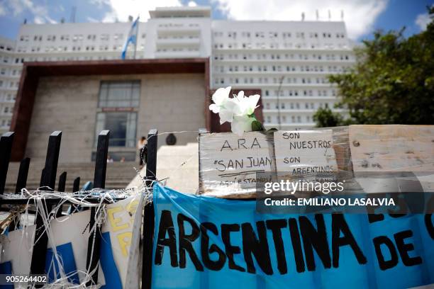 Messages giving strength to the missing submarine crew are seen outside Argentine Navy headquarters in Buenos Aires where Argentine Navy spokesman...