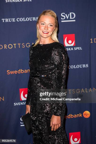 Sarah Sjostrom walks the red carpet when arriving at Idrottsgalan, the annual Swedish sports awards gala held at the Ericsson Globe Arena on January...